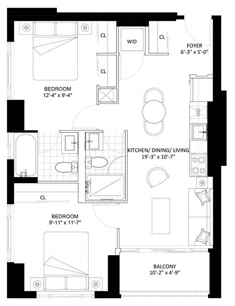 Floor plan for 2 beds, 2 baths, 692 sqft